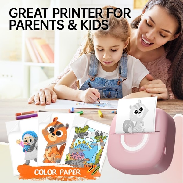 Bærbar Bluetooth termisk printer med 3 ruller papir til billeder, fotos, dagbog, kompatibel med telefoner og tablets, pink