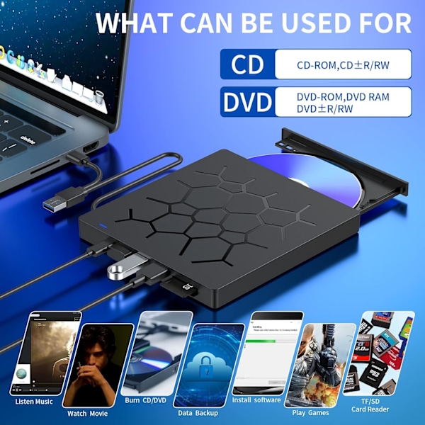 Ekstern CD/DVD-stasjon for bærbar PC, 7 I 1 USB 3.0 Ultra-slank bærbar DVD-spiller