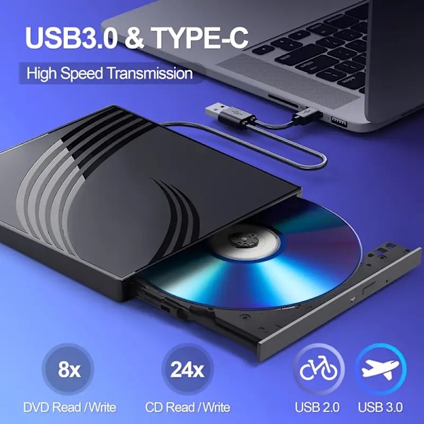 Multifunktionell Extern Optisk Enhet USB 3.0 & TYPE-C DVD-brännare