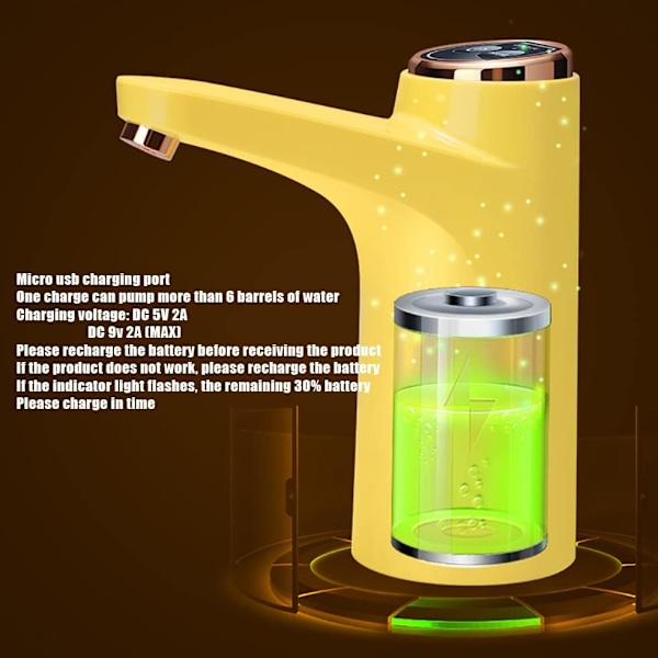 Vannpumpe for 5 gallon (ca. 1,5 liter) vannflaske dispenser USB-lader (gul)