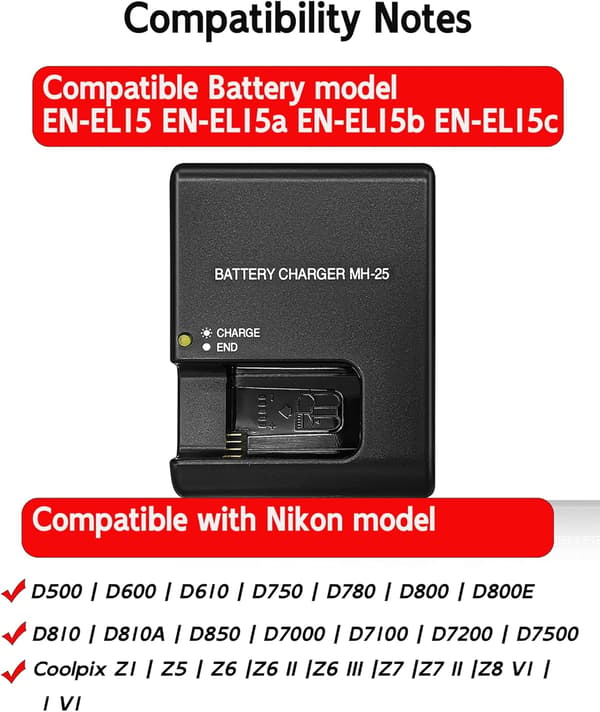 Lader for Nikon D7000 D7100 D800 D800E D610 MH-25 Batteri