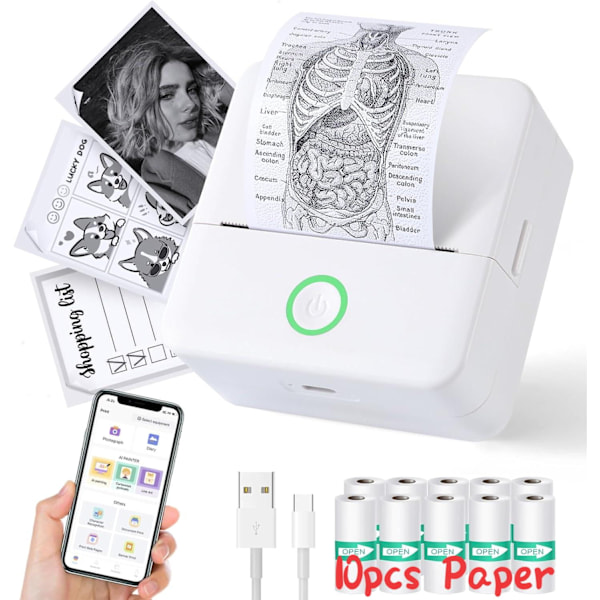 Mini Termisk Printer, Trådløs Etiketprinter med Bånd, Kompatibel med iOS og Android Hvid