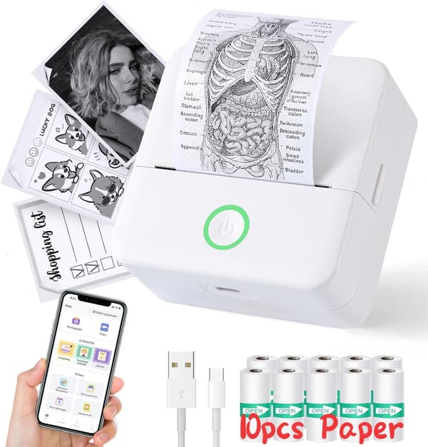 Minivärmeprinter, Trådlös Etikettprinter med Band, Kompatibel med iOS och Android Vit