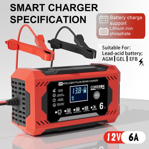 Smart batterilader 12V 6A autoreparasjon, for blybatterier