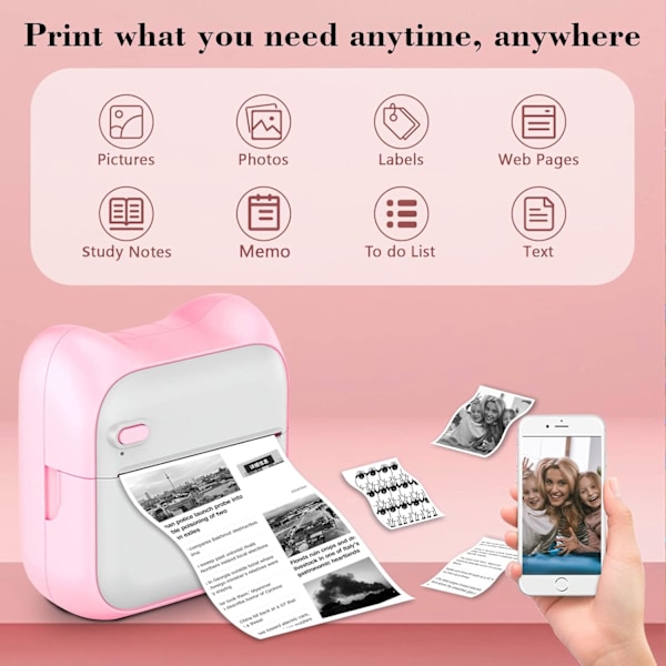 Bærbar Blækfri Termisk Stickerprinter Kompatibel med iOS og Android med 10 Ruller Papir og 5 Rosa Penne