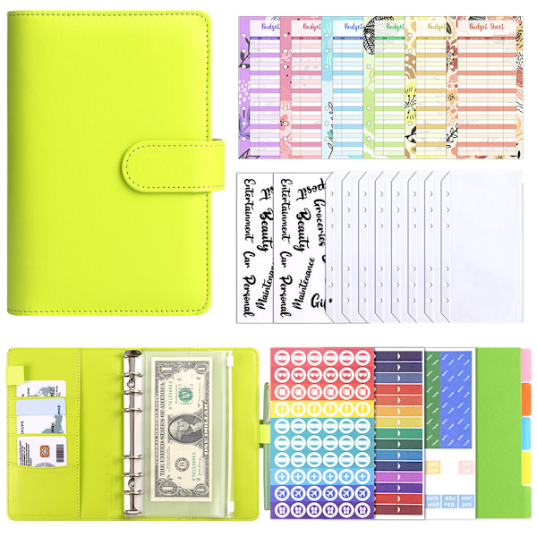 Budgetbinder A6 PU læder notesbog planlægger organizer æblegrøn 27 dele