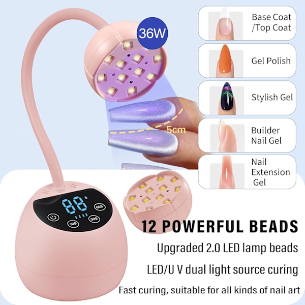 36W Mini Trådlös Nagellampa, Automatisk Gooseneck Bärbar USB Gel Nageltork, rosa