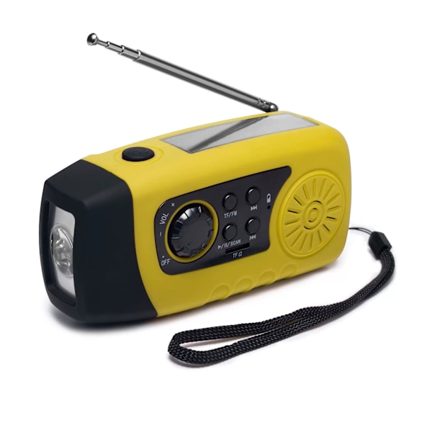 Solradio, 2000mAh, Nödladdningsbar FM-radio med handvev, ficklampa och USB-kabel (Gul)