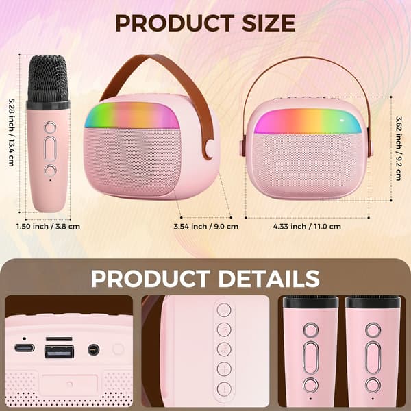 Mini Karaoke-laite lapsille, Bluetooth-kaiutin 2 mikrofonilla (pinkki)