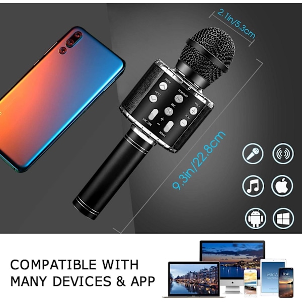 Børne Karaoke Mikrofon, Bærbar Trådløs Bluetooth Mikrofon med LED Lys til Drenge og Piger Sort