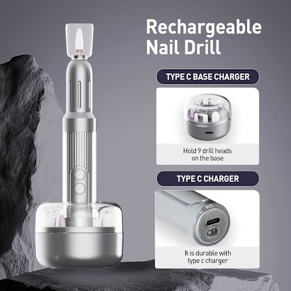 Elektrisk nagelfil med bas, 6 hastighetslägen, 12 nagelfilsbitar, 2 laddningslägen, professionell nagelfil