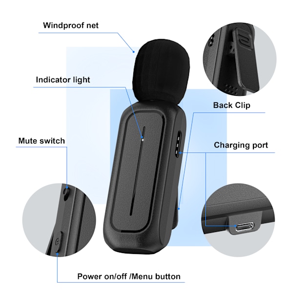 Trådløs Mikrofon til iPhone iPad Android, Ladeetui med Adapter, Støjreducerende Stik Inkluderet