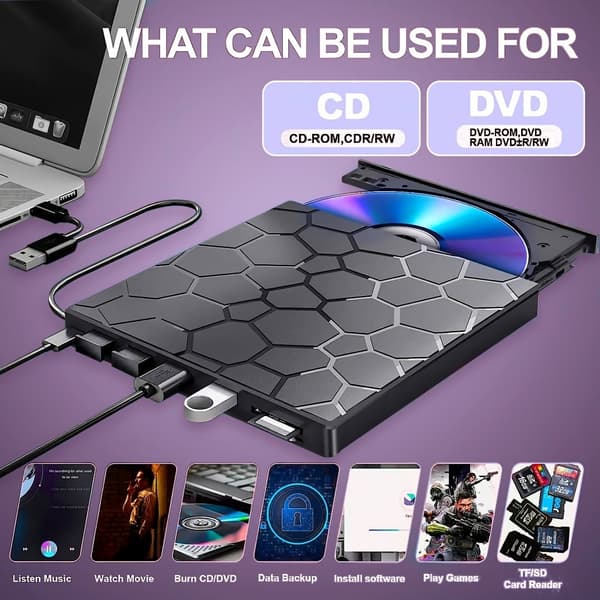 Extern CD/DVD-enhet 7 i 1 USB 3.0 Ultra-Slim CD-brännare