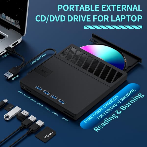 7 i 1 USB Extern DVD-enhet Portabel CD/DVD-spelare Brännare Kompatibel med Windows 11/10/8/7, Linux, Mac OS