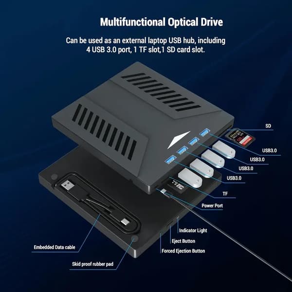 7-i-1 Multifunktionel Ekstern CD DVD-drev, USB 3.0 Type-C CD DVD +/-RW-drev