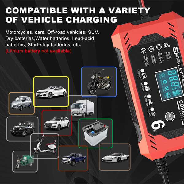 Smart batterioplader 12V 6A autoreparation, til blysyrebatterier
