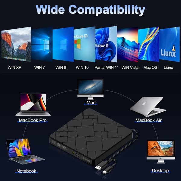 Ekstern CD DVD-drev til bærbar USB 3.0 & USB-C Bærbar DVD-afspiller til CD ROM +/-RW Læser Skriver