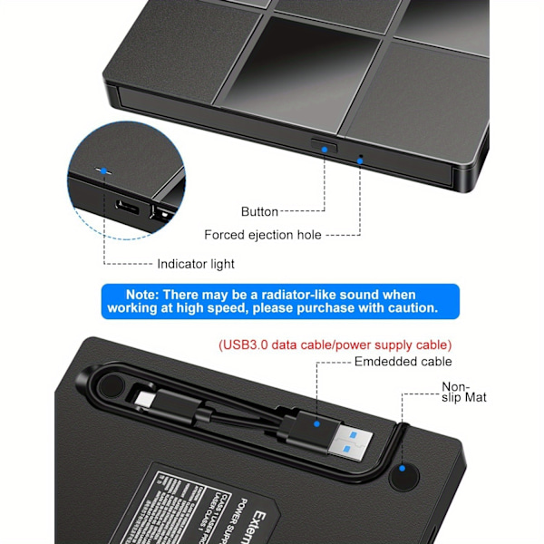 7 I 1 Ekstern DVD-stasjon Plug and Play CD-ROM Brenner Bærbar med USB 3.0 Type-C