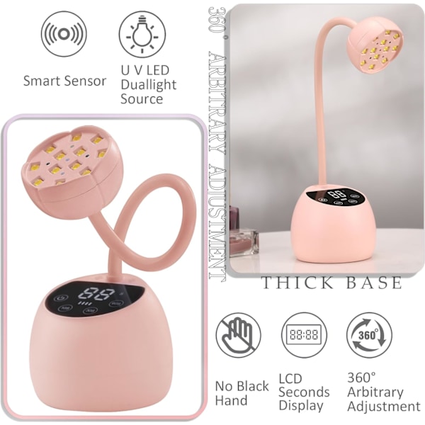 36W Mini Trådlös Nagellampa, Automatisk Gooseneck Bärbar USB Gel Nageltork, rosa