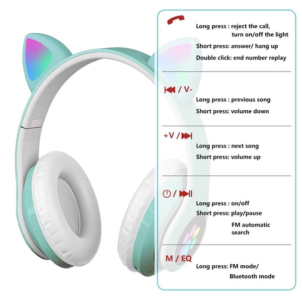 Bluetooth-hörlurar, barnhörlurar, med RGB-kattöron (grön)