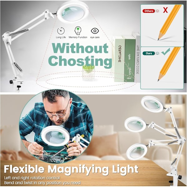 10X Förstoringsglas Justerbar LED-lampa med 3 Färglägen för Hantverk Hobby Läsning Vit