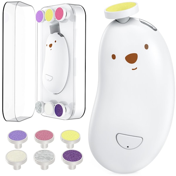 Elektrisk nagelklippare för baby, nagelfil, skötselprodukter med LED-ljus och 6 utbyteshuvuden, vit