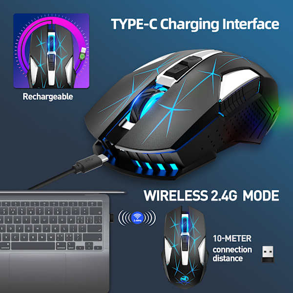 2.4G Trådløs Mus 2400dpi Farvelys USB Plug and Play Mus Egnet til Hjemmespil Kontorcomputer