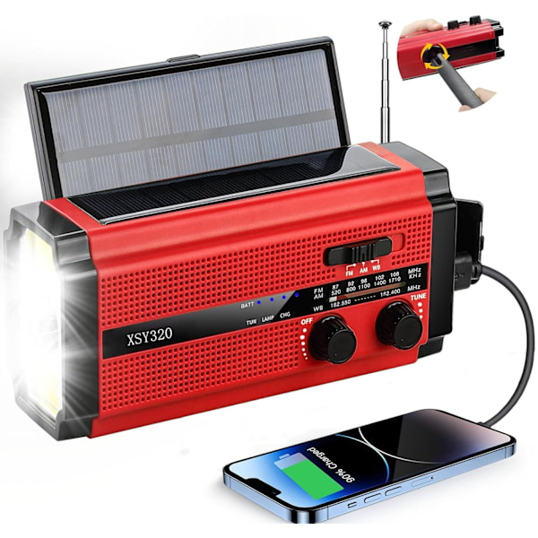 Käsikäyttöinen hätäradio aurinkokennolla ja 5000 mAh ladattavalla akulla, (Punainen)