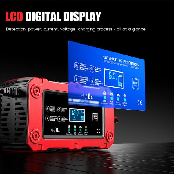 Smart batterioplader 12V 6A med reparationsfunktion, til blysyre lithiumbatterier