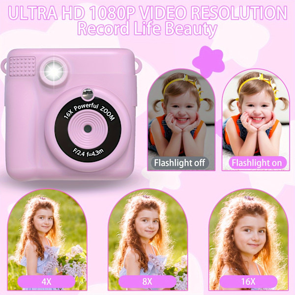 Digitalkamera til børn, instant print kamera 32Gb pink