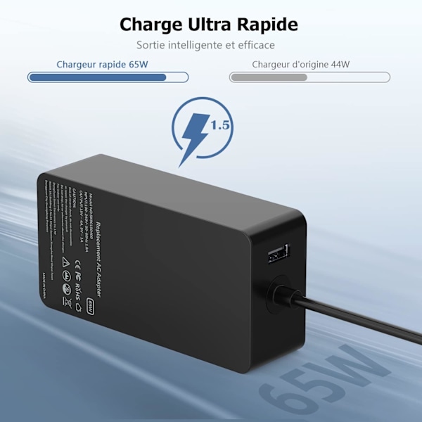 65W 15V 4A Laddare för Microsoft Surface Pro 8/7/6/5/4/3/X, Laddare med USB-port