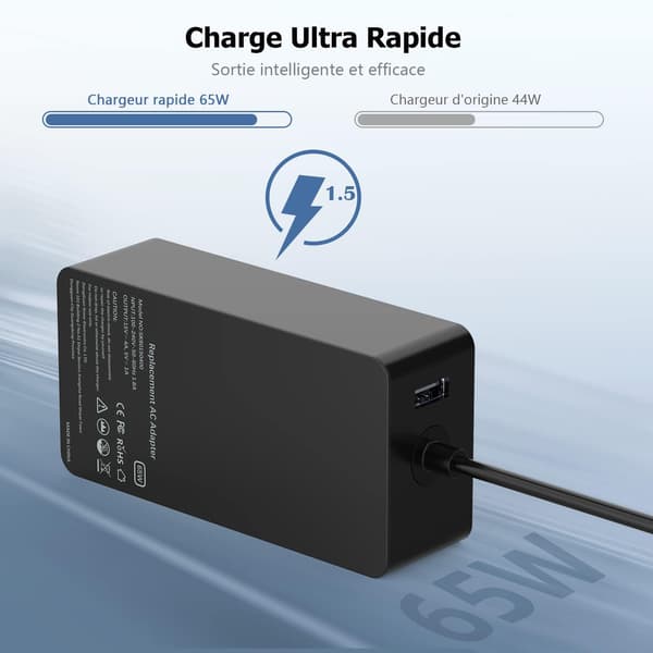 65W 15V 4A Oplader til Microsoft Surface Pro 8/7/6/5/4/3/X, Oplader med USB-port