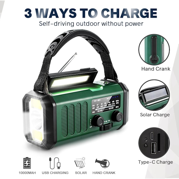 Solcellsdriven Nödradio 10000mAh Handvev Väderradio AM/FM med LED-ficklampa /grön