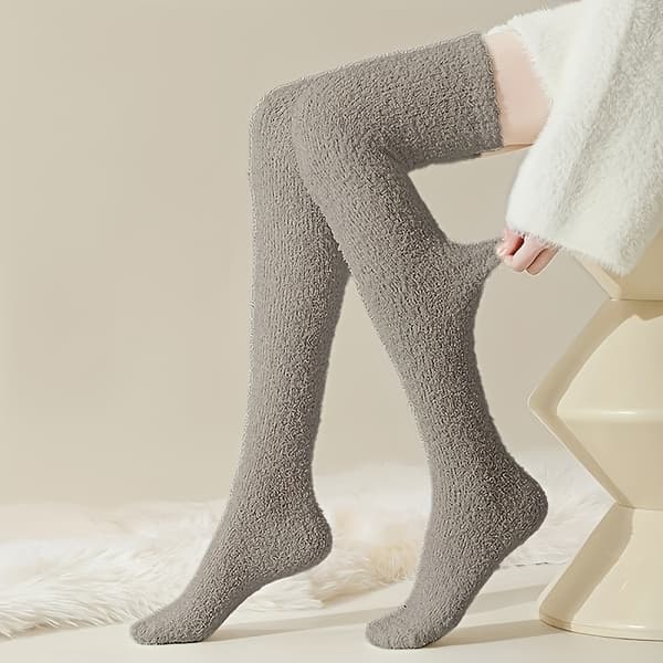 Sokker lårhøye, varme korallfleece knestrømper (grå)
