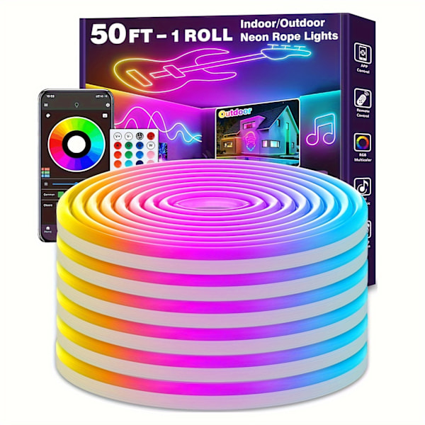 LED Neon Lys IP65 Silikone Fleksibel 18M Med Fjernbetjening App Kontrol