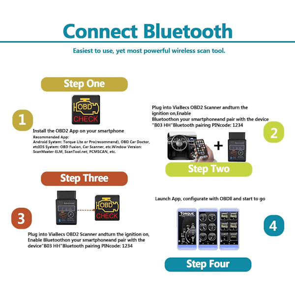 Bluetooth OBD2 Trådlös Scanner Diagnostikverktyg, Kompatibel med iOS & Android & Windows