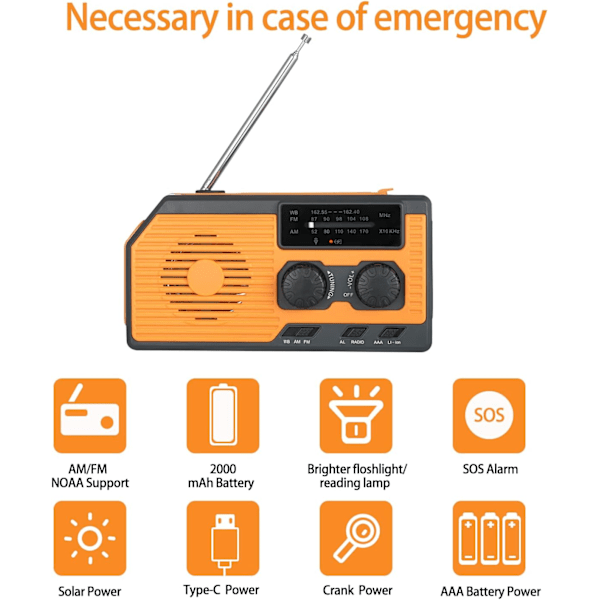 Solradio, 2000mAh Vevradio Nödradio AM/FM/NOAA Väderradio med Ficklampa och Läslampa