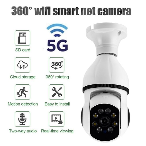5G WIFI -valvontakamera, 360° kääntyvä, automaattinen seuranta, panoraamakamera, langaton E27 PTZ -kamera