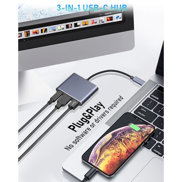 3-i-1 Type-C till HDMI dockningsstation Adapter USB 3.0 Hub 4K Video- och ljudkonverterare med PD 100W Snabbladdning