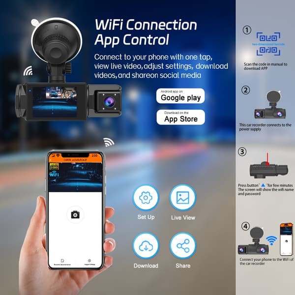 3-kanals dashbordkamera med 2.0\" IPS-skjerm, WiFi, G-sensor, loop-opptak