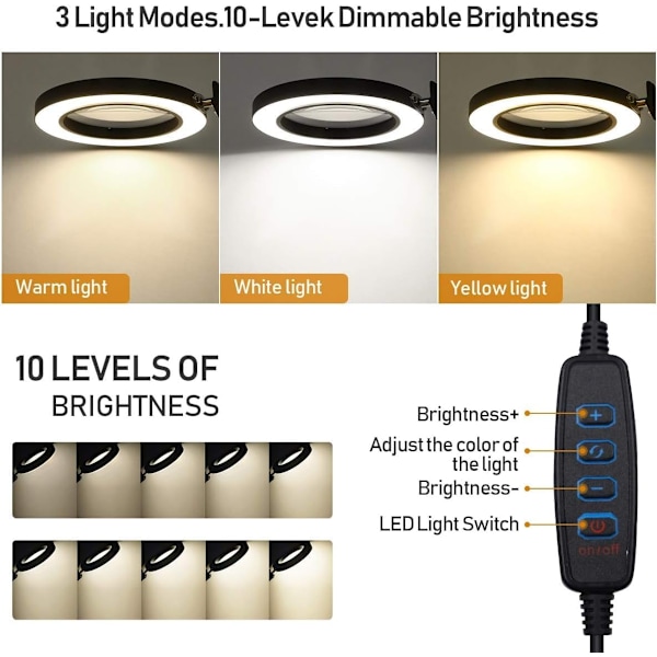 10X Förstoringsglas Justerbar LED-lampa med 3 Färglägen för Hantverk Hobby Läsning Vit