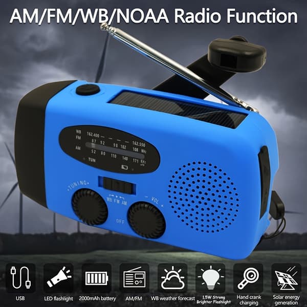 Radio aurinkokennolla 2000Mah virrantuotolla ja taskulampulla (sininen)