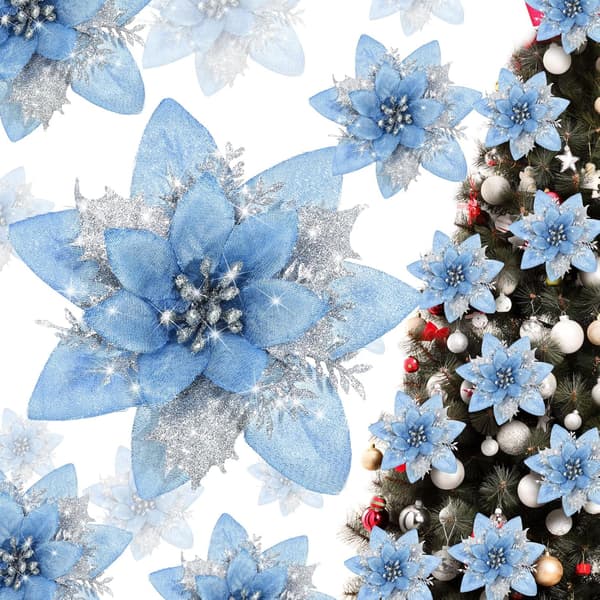 25 stk. Juleblomster, lyseblå kunstige blomster med klips og blomsterstilk