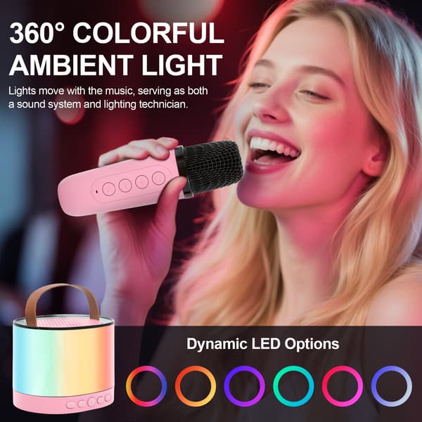 Mini Karaoke Maskine til Børn, Bluetooth højttaler, med 2 mikrofoner (pink)