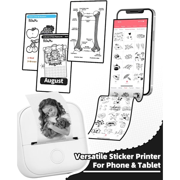 Bärbar termisk skrivare bläckfri Bluetooth-ärmskrivare för inlärningsgrafik, anatomiska diagram, foton vit