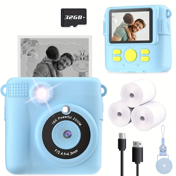 Digitalkamera Barn Instant Print Kamera 32Gb Blå