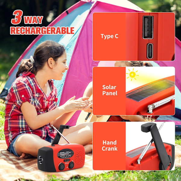 Solcellsdriven Nödradio med Handvev, LED-Ficklampa, Portabel AM/FM-Radio 2000mAh/orange
