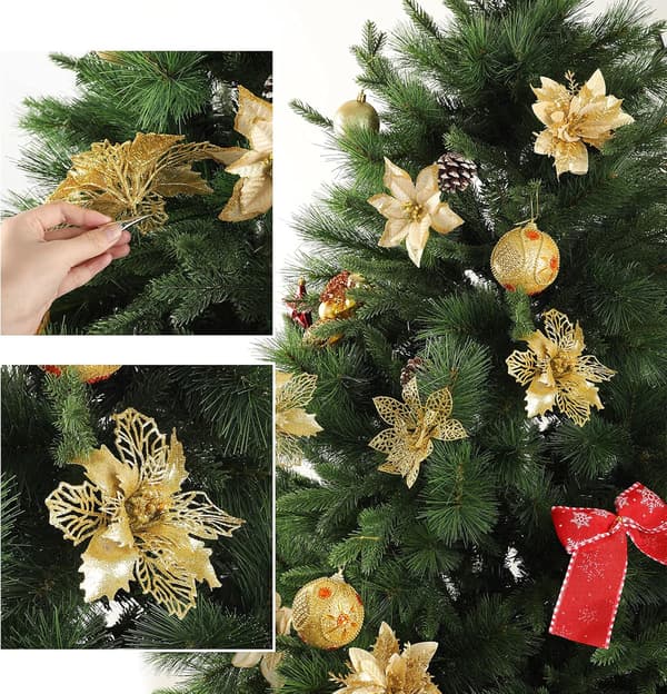 24 stk. juleblomster, glitter guld kunstige blomster med egnede clips