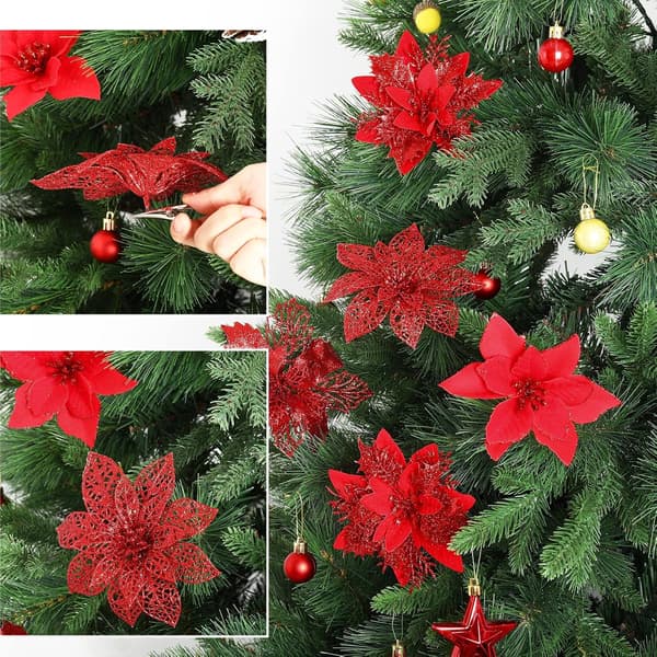24 stk. juleblomster, glitter røde kunstige blomster med klips egnet