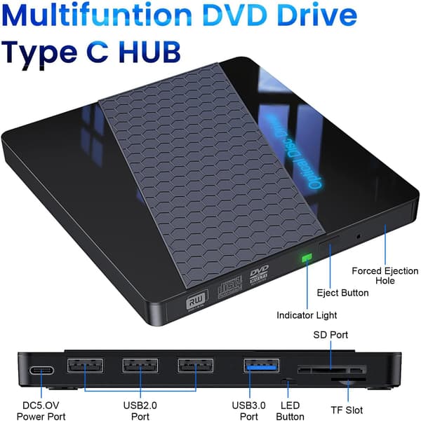 Extern DVD-enhet, USB 3.0 Extern CD/DVD +/-RW-enhet Portabel Typ C CD/DVD-spelare för Laptop